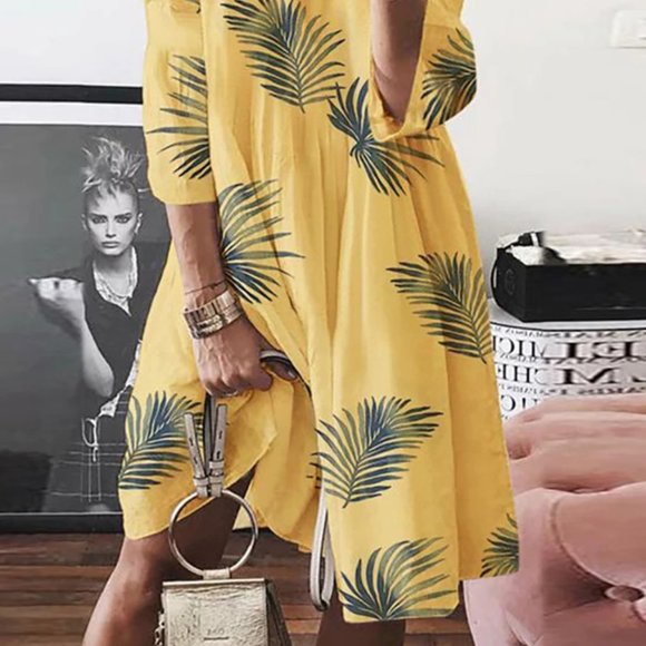 Yellow O-neck Floral Midi Dress - Picture 2 of 8